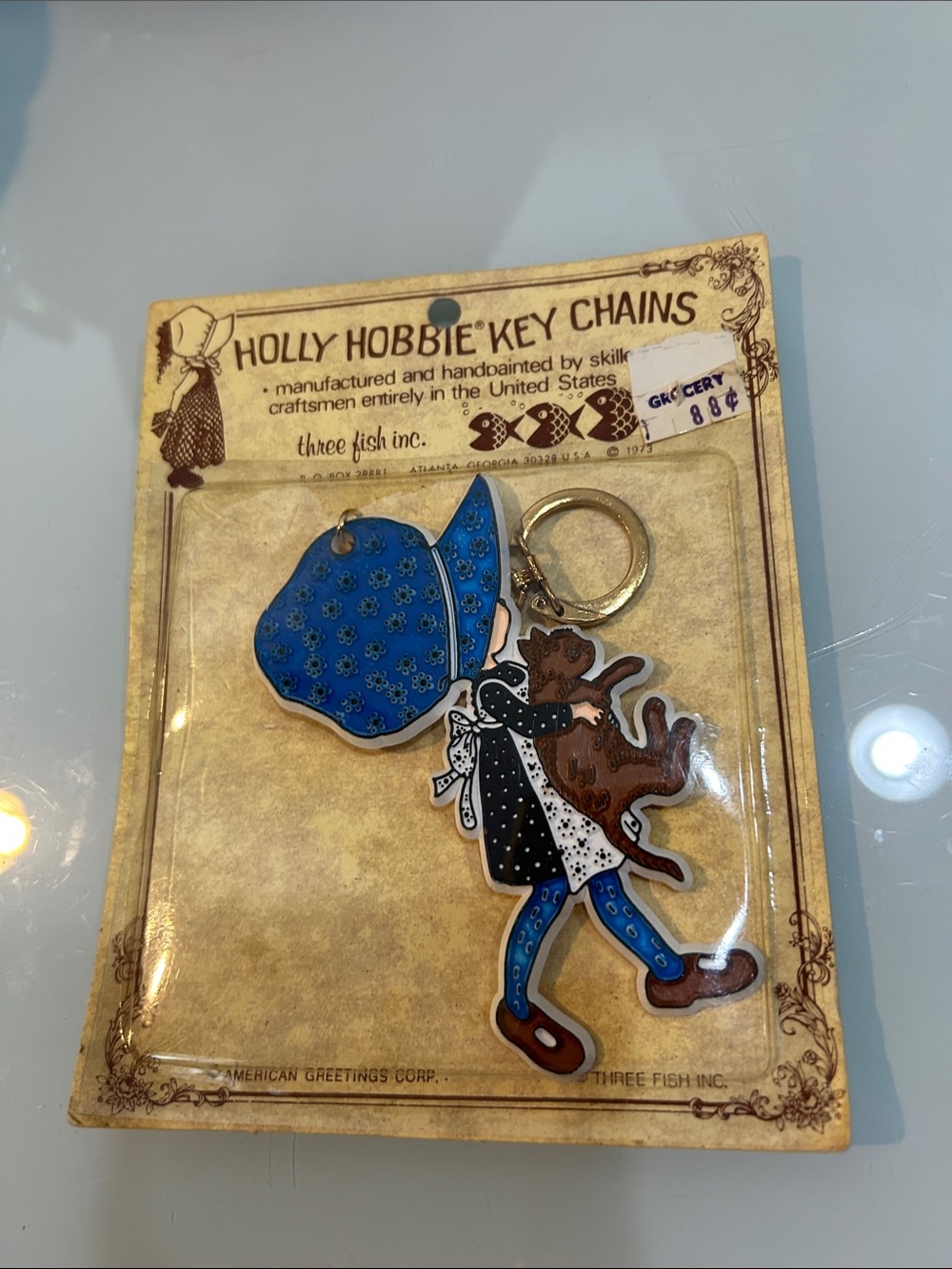 Vintage 1973 NWT Holly Hobbie Key Chain - girl with cat! American Greetings